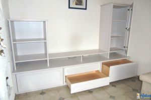 Wohnzimmer Schrankregal in Buche massiv, Weiß lasiert mit Rahmen- Kasettenfronten TipOn Schubladen